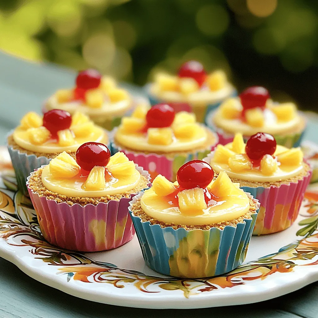 - 1 cup crushed graham crackers - 1/4 cup unsalted butter, melted - 2 tablespoons brown sugar - 1 (8 oz) package cream cheese, softened - 1/2 cup granulated sugar - 1 teaspoon vanilla extract - 1/2 cup sour cream - 1 large egg - 1 cup crushed pineapple, well-drained - Maraschino cherries for garnish