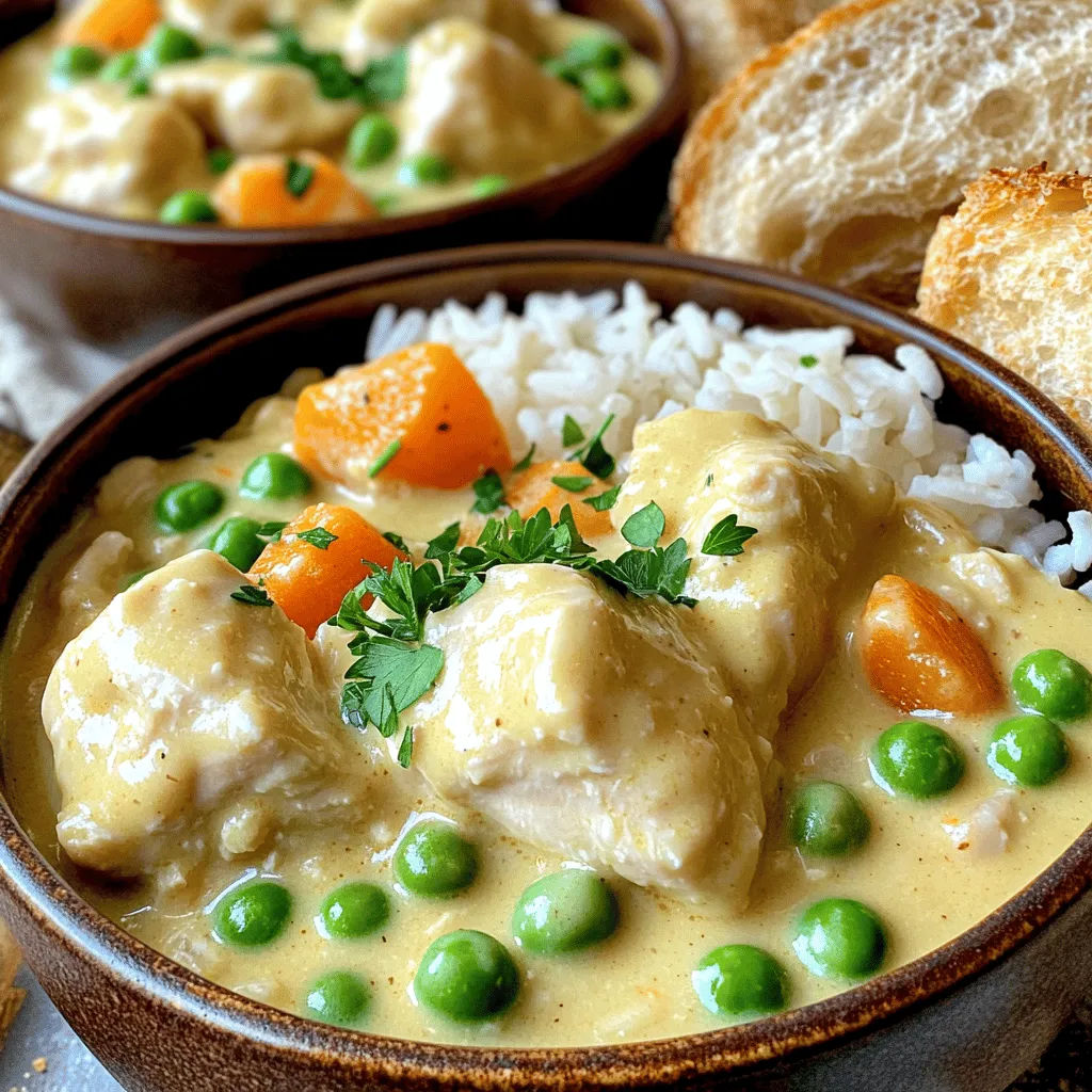 - 2 cups cooked rice (white or brown) - 2 boneless, skinless chicken breasts - 1 cup rich chicken broth - 1 cup heavy cream - 1 cup frozen peas and carrots blend - 1 medium yellow onion - 3 cloves of garlic - 1 teaspoon dried thyme - 1 teaspoon smoked paprika - Salt and pepper to taste - 2 tablespoons olive oil - Fresh parsley for garnish In this recipe, the main ingredients come together to create a warm and creamy dish. You need two cups of cooked rice. This can be either white or brown, based on your choice. The chicken breasts should be boneless and skinless. Cut them into bite-sized pieces for easy cooking. The chicken broth adds flavor, while heavy cream gives the dish its rich, creamy texture. For vegetables, I like to use a blend of frozen peas and carrots. They add color and nutrition. You’ll also need a medium yellow onion and three cloves of minced garlic. Seasoning is key! Dried thyme and smoked paprika bring warmth and depth. Don