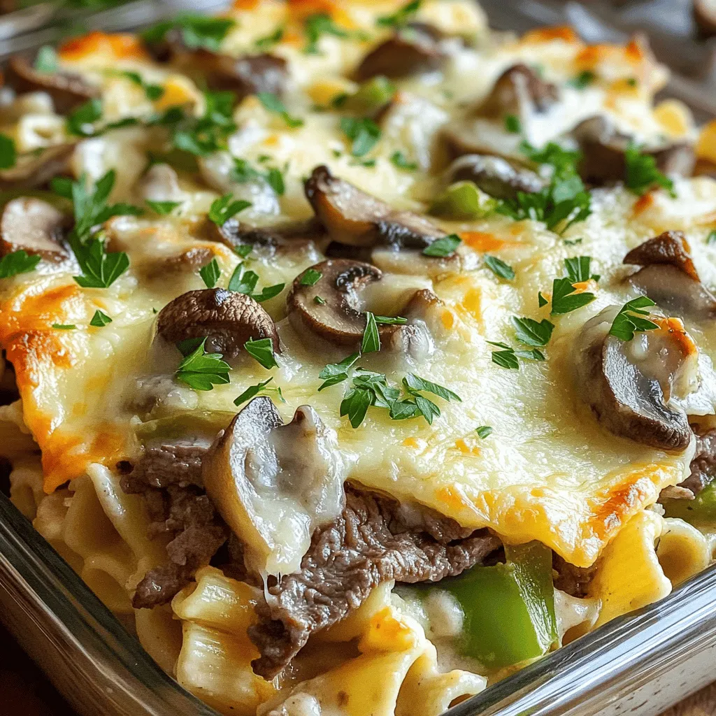 - 1 lb beef steak (ribeye or sirloin), thinly sliced - 1 medium onion, thinly sliced - 1 green bell pepper, thinly sliced - 1 cup mushrooms, sliced - 3 cups cooked pasta (such as penne or rotini) - 2 cups provolone cheese, shredded - 1 cup cream cheese, softened - 1 cup beef broth - 1 tablespoon Worcestershire sauce - 2 tablespoons olive oil - Salt and pepper, to taste - Fresh parsley, chopped (for garnish)
