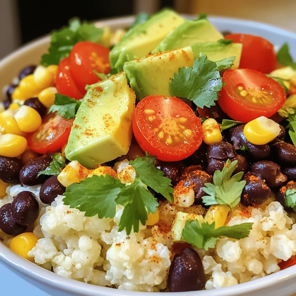 - 1 medium head of cauliflower, riced - 1 tablespoon extra virgin olive oil - 1 teaspoon garlic powder - 1 teaspoon smoked paprika - Salt and freshly ground black pepper to taste - 1 cup canned black beans, rinsed and drained - 1 cup corn (use fresh, frozen, or canned) - 1 red bell pepper, diced into small pieces - 1 ripe avocado, diced - 1 cup cherry tomatoes, halved - Juice of 1 lime - Fresh cilantro, finely chopped, for garnish