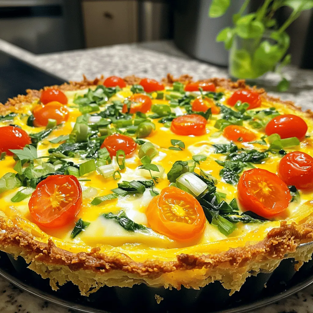 - 4 cups frozen hash browns, thawed - 2 tablespoons unsalted butter, melted - 1/2 teaspoon garlic powder - Salt and freshly ground black pepper, to taste - 6 large eggs - 1 cup whole milk - 1 cup shredded sharp cheddar cheese - 1 cup fresh spinach, finely chopped - 1/2 cup cherry tomatoes, halved - 1/4 cup green onions, thinly sliced
