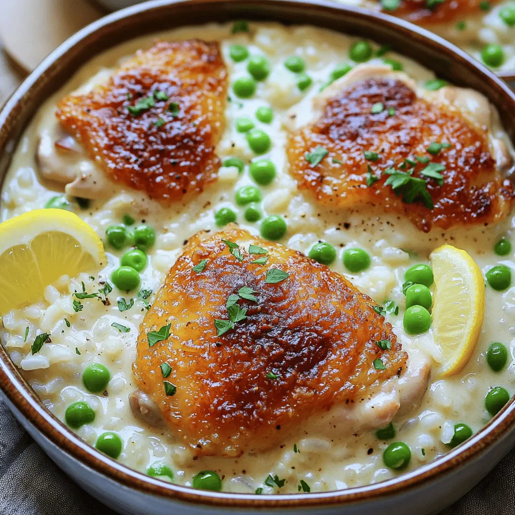 - 4 boneless, skinless chicken thighs - 1 cup white rice - 2 cups chicken broth - 1 cup heavy cream - 1 medium onion, diced - 3 cloves garlic, minced - 1 teaspoon dried thyme - 1 teaspoon smoked paprika - 1 cup frozen peas - 2 tablespoons olive oil - Salt and pepper to taste - Fresh parsley, finely chopped, for garnish