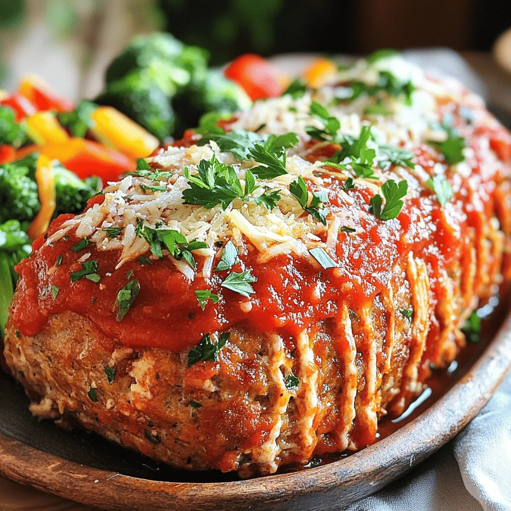 - 1 lb ground chicken - 1/2 cup Italian-style breadcrumbs - 1/3 cup freshly grated Parmesan cheese - 2 cloves garlic, minced - 1/4 cup fresh parsley, finely chopped - 1/4 cup milk - 1 large egg - 1 tsp onion powder - 1 tsp dried oregano - 1/2 tsp salt - 1/4 tsp black pepper - 1/2 cup marinara sauce (for topping) - Additional Parmesan cheese for garnish (optional) When you pick your ingredients, freshness matters. Look for ground chicken that feels moist but not sticky. Check the breadcrumbs; they should be dry and crumbly. Grab a block of Parmesan cheese instead of pre-grated for better flavor. The garlic should smell strong and fresh. Fresh parsley should look bright and green, with no yellow leaves. Using fresh ingredients helps your meatloaves taste their best. You will need a large mixing bowl to combine the ingredients. A baking sheet lined with parchment paper makes cleanup easy. Use a spatula for mixing, but your hands can work wonders too. A meat thermometer helps check if the meatloaves are done. For serving, have a platter ready to show off your delicious creations. First, set your oven to 375°F (190°C). This is the right temperature for cooking the meatloaves evenly. Then, take a baking sheet and line it with parchment paper. You can also use cooking spray to prevent sticking. This makes cleanup easy and keeps the meatloaves from sticking. In a large bowl, mix the following ingredients: - 1 lb ground chicken - 1/2 cup Italian-style breadcrumbs - 1/3 cup freshly grated Parmesan cheese - 2 cloves garlic, minced - 1/4 cup fresh parsley, finely chopped - 1/4 cup milk - 1 large egg - 1 tsp onion powder - 1 tsp dried oregano - 1/2 tsp salt - 1/4 tsp black pepper Use your hands or a spatula to blend everything together. Make sure not to overmix. This will help keep your meatloaf tender and juicy. Next, divide the mixture into four equal portions. Shape each portion into a small loaf, about 1.5 inches thick. Place the loaves on the baking sheet. Leave some space between each loaf. This ensures they cook evenly and brown nicely. Now, take about a tablespoon of marinara sauce and spoon it on top of each meatloaf. Spread it gently to cover the surface. This adds flavor and keeps the meatloaf moist. Then, place the baking sheet in the oven. Bake for 25-30 minutes. You will know they are done when they reach 165°F (74°C) inside and are golden brown on top. After baking, remove the meatloaves from the oven. Let them rest for 5 minutes. This helps the juices settle. If you want, sprinkle extra grated Parmesan cheese on top for added flavor before serving. Enjoy your delicious Garlic Parmesan Chicken Meatloaves!To keep your meatloaf moist, use ground chicken that contains some fat. The fat adds flavor and moisture. Mixing in milk helps, too. Do not overmix your meatloaf. This keeps it tender. When shaping your loaves, make them thick but not too tight. This allows them to cook evenly and stay juicy. Bake your meatloaves at 375°F (190°C) for 25-30 minutes. Use a meat thermometer to check the internal temperature. It should reach 165°F (74°C) for safe eating. If you want a crispy top, broil them for a few minutes after baking. Watch closely to avoid burning. Adding fresh herbs can lift the taste of your meatloaves. Try basil or thyme for a fresh twist. You can also mix in some chopped bell peppers or onions for added crunch. Spice lovers can add red pepper flakes for heat. For more depth, a bit of smoked paprika works wonders. These enhancements make your Garlic Parmesan Chicken Meatloaves even more special. {{image_4}} You can easily make Garlic Parmesan Chicken Meatloaves healthier. Start by using ground turkey instead of chicken. Turkey is leaner and cuts fat. For gluten-free options, swap the Italian-style breadcrumbs with gluten-free breadcrumbs. This makes it safe for those with gluten issues. You can also use oats instead of breadcrumbs for a healthy twist. They add fiber and help bind the meatloaf well. To change up the taste, add different types of cheese. Try mozzarella for a gooey center or feta for a tangy kick. You can also mix in veggies like spinach or bell peppers. Finely chop them and add to the meat mixture. This adds color and nutrients to your meal. Experimenting with spices can also bring new life to the dish. Consider adding smoked paprika for a smoky flavor or crushed red pepper for heat. I love making mini meatloaf bites for quick snacks or parties. Simply shape the meat mixture into small balls, about one inch in size. Place them on a baking sheet and bake until they are golden brown. These bites cook faster and are perfect for dipping in marinara sauce. They are fun to eat and easy to serve at gatherings. Plus, kids love them!To keep your Garlic Parmesan Chicken Meatloaves fresh, store them in an airtight container. Place the meatloaves in the fridge within two hours of cooking. They can last up to three days in the fridge. If you want to keep them longer, consider freezing. When reheating, use the oven for best results. Preheat your oven to 350°F (175°C). Place the meatloaves on a baking sheet and cover them with foil. Heat for about 15-20 minutes until they are warm. You can also use a microwave. Heat each meatloaf for 1-2 minutes. For freezing, wrap each meatloaf tightly in plastic wrap. Then, place them in a freezer bag. This helps prevent freezer burn. They can last up to three months in the freezer. When ready to eat, thaw them in the fridge overnight before reheating. Enjoy your flavorful meal even later! To boost flavor, add more garlic or fresh herbs. Try basil or thyme for a twist. You can also mix in some chopped sun-dried tomatoes or olives. These add depth and a fun taste. Don