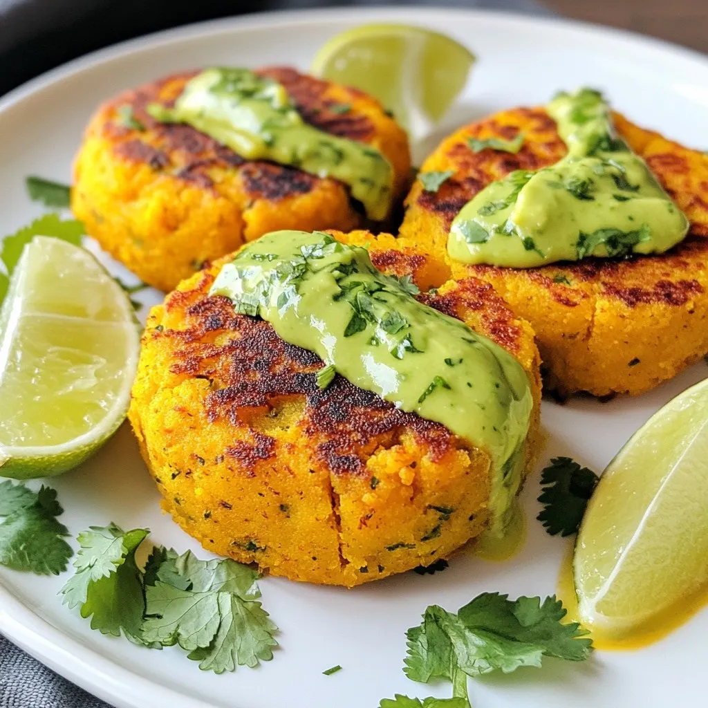 Savory Sweet Potato Red Lentil Patties with Avocado Cilantro Sauce