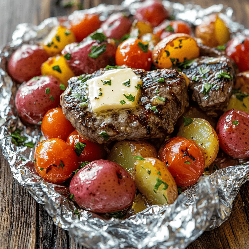 - 1 lb flank steak, cut into bite-sized pieces - 4 medium red potatoes, diced into 1-inch cubes - 4 tablespoons unsalted butter, melted - 4 cloves garlic, finely minced - 1 teaspoon fresh rosemary, finely chopped - 1 teaspoon fresh thyme, finely chopped - Salt and freshly ground black pepper, to taste - 1 cup cherry tomatoes, halved - Fresh parsley, chopped (for garnish) - Aluminum foil When I cook, I love to focus on fresh ingredients. The flank steak gives a nice flavor, while the red potatoes add heartiness. Garlic is a must, as it brings everything together. The butter adds richness that makes each bite so satisfying. I use fresh herbs like rosemary and thyme. They give a lovely aroma and taste. Don