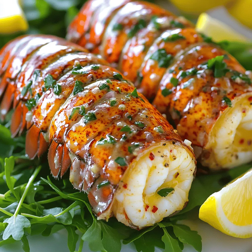 - 2 lobster tails - 1/2 cup (1 stick) unsalted butter - 4 cloves garlic, finely minced - 1/2 teaspoon red pepper flakes (adjust according to your spice preference) - 1/4 cup heavy cream - Zest of 1 lemon - Juice of 1/2 lemon - Salt and fresh black pepper, to taste - 2 tablespoons fresh parsley, chopped (for a fresh garnish) - Fresh herbs like thyme or dill for added flavor - A splash of white wine for richness - Grated Parmesan cheese for a cheesy touch Use fresh lobster tails for the best taste. Look for tails that are firm and feel heavy for their size. The shells should be hard and glossy, showing freshness. When selecting butter, choose high-quality unsalted butter; it allows you to control the salt level. If fresh garlic isn’t available, use garlic powder, but fresh gives the best flavor. For the red pepper flakes, adjust based on your spice level preference. If you like a citrus twist, try adding lime zest along with or instead of lemon. Remember, all these ingredients work together to create a rich, creamy sauce.Start by gathering all your ingredients. This makes the process smooth and easy. Preheat the oven to 425°F (220°C). This step warms your oven, which helps cook the lobster evenly. Next, take your lobster tails. Use a sharp knife to carefully split each tail in half lengthwise. Make sure you don’t cut all the way through; this keeps the meat attached. Place the open lobster tails on a baking sheet, with the meat facing up. Melt the butter in a medium saucepan over low heat. Once it is fully melted, add the minced garlic and red pepper flakes. Cook this mix for 1-2 minutes. Stir gently until the garlic smells good but does not brown. Then, pour in the heavy cream, lemon zest, and lemon juice. Stir well and let the sauce simmer for 3-4 minutes. This helps the flavors blend nicely. Season the sauce with salt and fresh black pepper to taste. Use half of this creamy garlic butter to coat the lobster tails. Now, place the baking sheet in the preheated oven. Bake the lobster tails for 10-12 minutes. You want the meat to turn opaque and fully cook. At the halfway mark, take the tails out of the oven. Drizzle the rest of the garlic butter sauce over them. This adds more moisture and flavor. For the best results, watch the lobster closely as it bakes. Every oven is different, so adjust the time if needed. Lobster cooks quickly, so you don’t want to overdo it. Once the baking is done, remove the tails from the oven. Garnish with fresh parsley for a pop of color. Serve these lobster tails on a bed of greens or with grilled asparagus. Drizzle any remaining garlic butter sauce over the top for extra flavor. Enjoy this dish with a side of lemon wedges for brightness! This recipe is simple and delightful.To get the best lobster tails, you need fresh ones. Look for tails with a firm shell and no strong smell. When you cut them, make a clean slice down the back. This helps the meat cook evenly. Always leave a bit of shell attached; it keeps the meat moist and tender. One big mistake is overcooking the tails. Lobster cooks fast. Watch it closely. If it turns rubbery, you