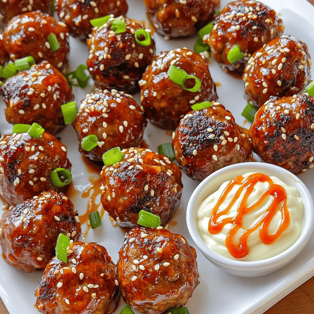 - 1 lb ground beef - 1/2 cup panko breadcrumbs - 1/4 cup green onions, finely chopped - 2 cloves garlic, minced - 2 tablespoons soy sauce - 1 tablespoon sesame oil - 1 tablespoon ginger, freshly grated - 1 teaspoon sugar - 1/2 teaspoon black pepper - 1/4 teaspoon red pepper flakes (adjust to taste) - 1/2 cup mayonnaise - 1 tablespoon sriracha (or more for additional heat) - 1 teaspoon lime juice - Salt, to taste - Red pepper flakes, sesame seeds for garnish The main ingredients for the meatballs are simple yet flavorful. Ground beef forms the base. I like to add panko breadcrumbs for a light texture. The green onions and garlic bring a fresh punch. Soy sauce adds saltiness, while sesame oil gives a nice nutty flavor. Ginger warms everything up. For the spicy mayo, I mix mayonnaise with sriracha for heat. Lime juice adds a zesty kick. A pinch of salt balances all the flavors. If you want extra spice, add red pepper flakes. You can also sprinkle sesame seeds on top for a nice crunch.- Preheat your oven to 400°F (200°C). - Line a baking sheet with parchment paper. This helps prevent sticking and makes cleanup easy. - In a large bowl, add the ground beef. - Next, add the panko breadcrumbs and finely chopped green onions. - Stir in the minced garlic, soy sauce, sesame oil, grated ginger, sugar, black pepper, and red pepper flakes. - Use your hands or a spoon to mix everything well. You want it to be fully combined and stick together nicely. - Take a small amount of the mixture and roll it into a ball about 1 inch wide. - Place each meatball on the lined baking sheet, leaving space between them. - Bake in the preheated oven for 15-20 minutes. They should turn golden brown and reach an internal temperature of 160°F (71°C). - While the meatballs bake, you can prepare the spicy mayo.To get the best texture for your meatballs, mix well. Use your hands for even blending. This helps the ingredients stick together. If the mix feels too dry, add a little more soy sauce. If it’s too wet, add more panko breadcrumbs. Aim for a firm yet soft mixture. This makes the meatballs moist inside and crispy outside. Baking these meatballs is simple. After shaping them, place them on the baking sheet. Make sure they have space to breathe. Bake them at 400°F (200°C) for 15-20 minutes. To check for doneness, use a meat thermometer. The inside should reach 160°F (71°C). The meatballs should look golden brown. If they aren