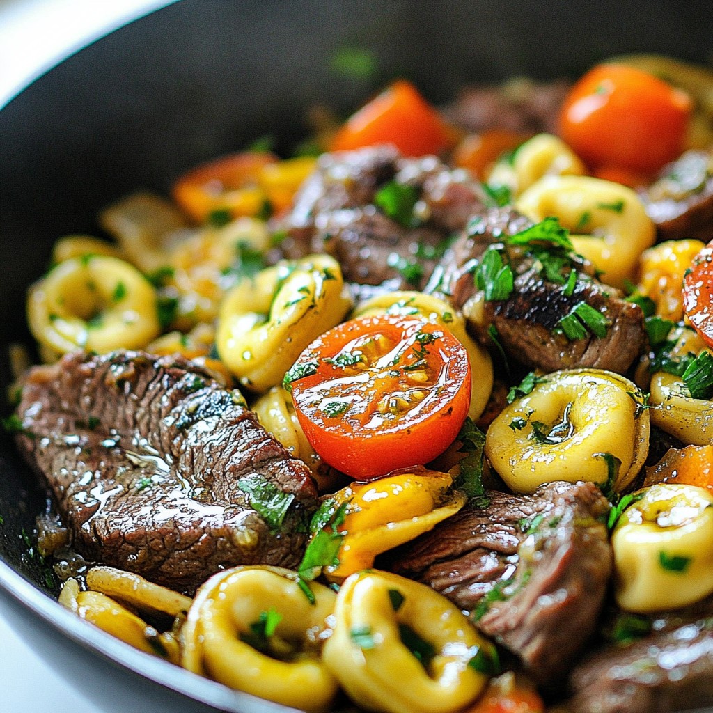 Garlic Steak & Cheese Tortellini Skillet Delight